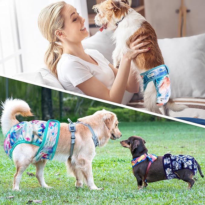 Langsprit Washable Female Dog Diapers (3 Pack) - No Leak Reusable Diapers for Doggy Female in Period - Highly Absorbent Dog Heat Panties with Adjustable Snaps Colourful L Size