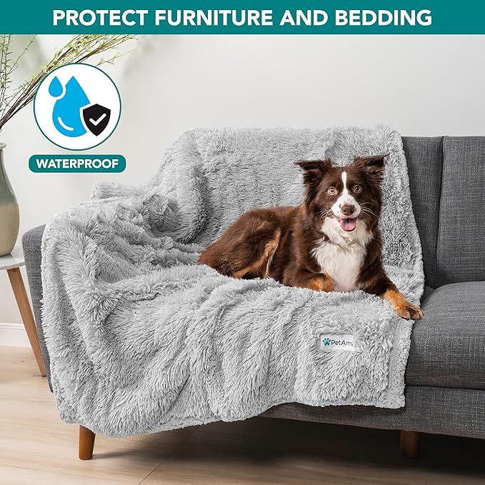 PetAmi Waterproof Dog Blanket for Large Dog, Calming Pet Blanket Bed Couch Cover Protector, Washable Sherpa Faux Fur Throw for Sofa Furniture Protection, Soft Fluffy 60x80 Light Gray