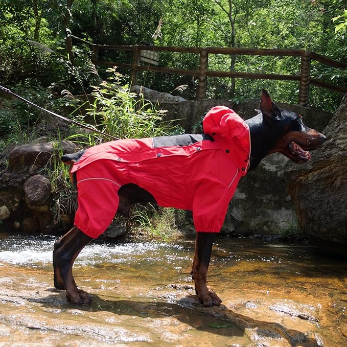LOVELONGLONG Fleece-Lined Dog Raincoat with Removable Hood – Waterproof Winter Full Body Dog Jacket – Windproof Snowproof Cold-Weather Suit – Red-F S+