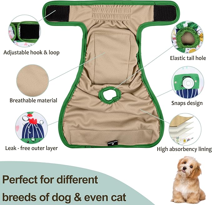 Washable Female Dog Diapers - Premium Reusable Diapers for Doggie in Heat - Highly Absorbent Dog Diapers Female for Pet Incontinence with Adjustable Snaps (Cactus, XXL)