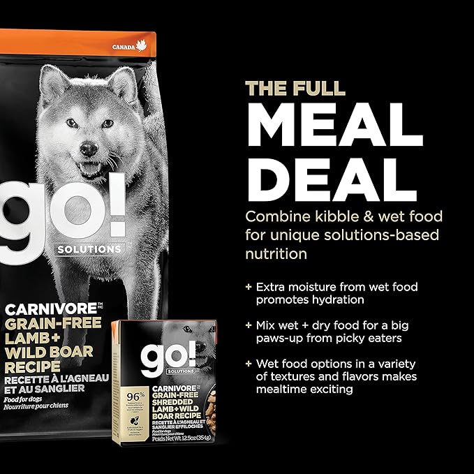 Go! Solutions Carnivore Lamb + Wild Boar Grain-Free Dry Dog Food, Our Highest-Protein Kibble Made with Real Meat, Pumpkin & Probiotics for Good Digestion, for Puppies, Adults & Seniors, 22 lb Bag