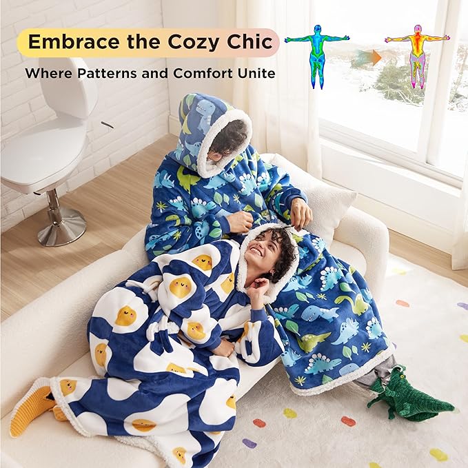 Bedsure Oversized Wearable Blanket Hoodie for Women, Long Printed Hooded Blanket Sweatshirt with Big Pocket as Gifts for Girl, Fried Egg, Sea Blue