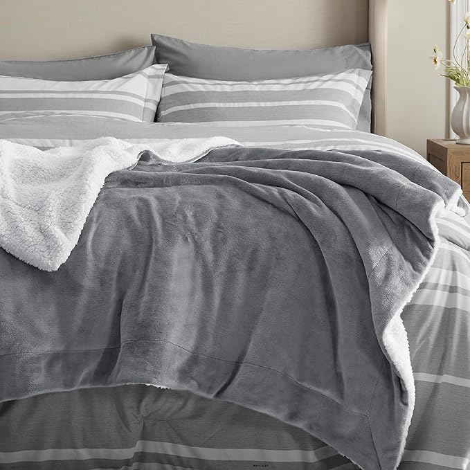 Bedsure GentleSoft Sherpa Fleece Throw Blanket for Couch, Non-Heated, Thick & Warm Cozy Blanket for Winter, Soft Fuzzy Plush Throw Gifts for Women and Men, Grey, 50x60 Inches
