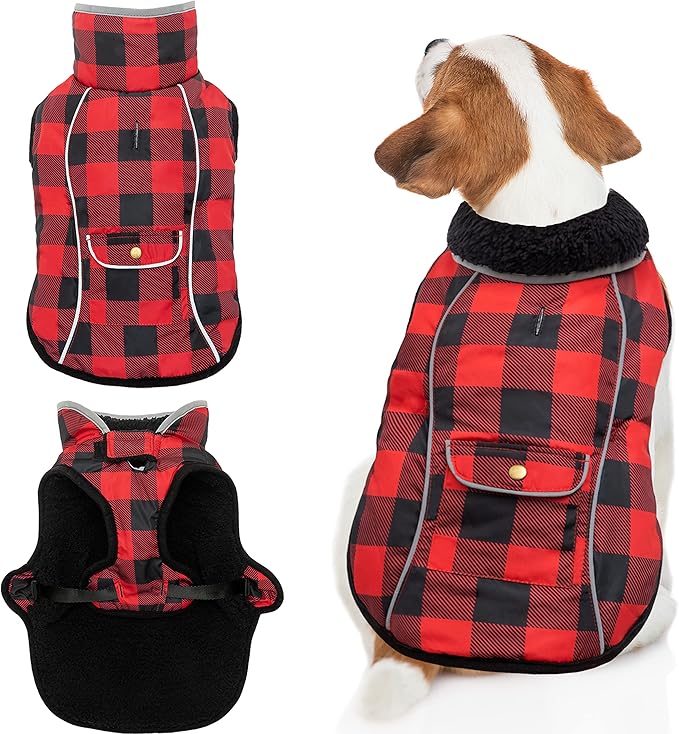 Dog Winter Coat - Warm Dog Clothes for Rain Snow Wind Cold Weather - Reflective Plaid Adjustable Windproof Pet Vest Jacket with Leash Hole for Small Medium Large Dogs Indoor Outdoor