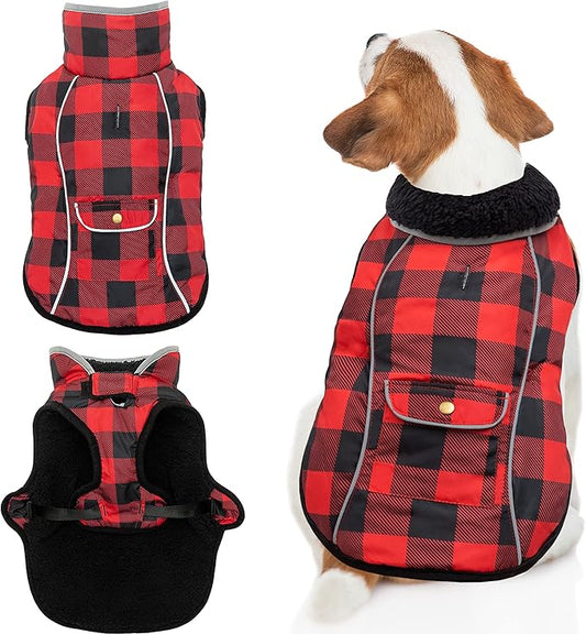 Dog Winter Coat - Warm Dog Clothes for Rain Snow Wind Cold Weather - Reflective Plaid Adjustable Windproof Pet Vest Jacket with Leash Hole for Small Medium Large Dogs Indoor Outdoor