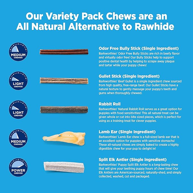 Barkworthies Puppy Variety Pack - 5 Count (Pack of 1) - Protein-Rich, All-Natural, Easily Digestible, Rawhide Alternative, Promotes Dental Health