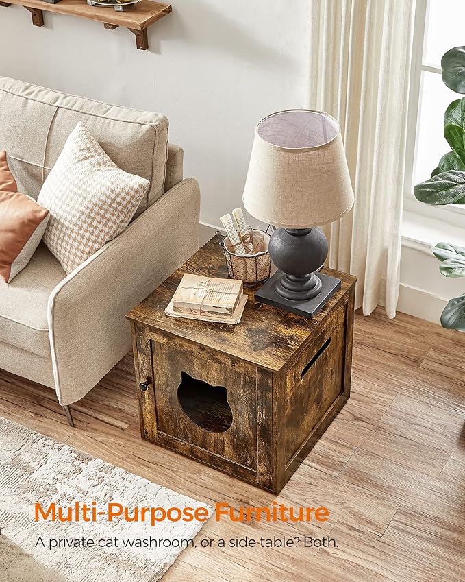Feandrea Cat Litter Box Furniture, Hidden Litter Box Enclosure Cabinet with Single Door, Indoor Cat House, End Table, Nightstand, Rustic Brown UPCL004X01