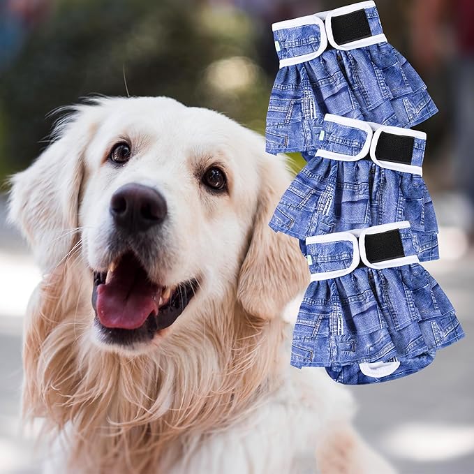 wegreeco Dog Diapers Female (3 Pack), Highly Absorbent Puppy Doggie Dog Diapers for Female Dogs Period, Washable Doggy in Heat, Small Medium Large Size (Classic Jeans, Small)