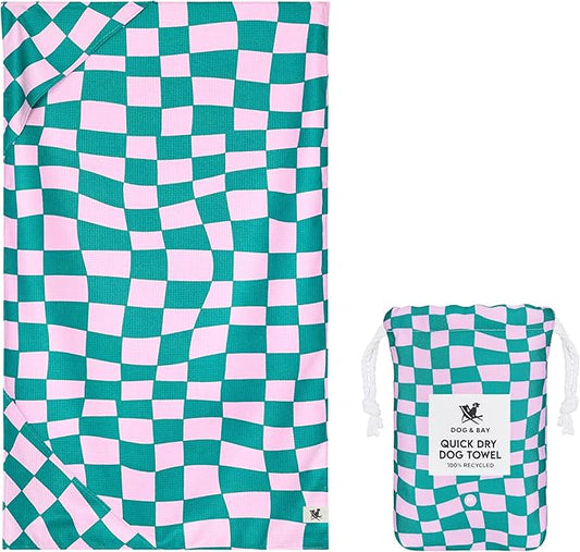 Dock & Bay Pet Towel - Super Absorbent & Quick Drying Dog Towels with Bag - 100% Recycled - Check Mutt, Medium (90x50cm, 35x19)