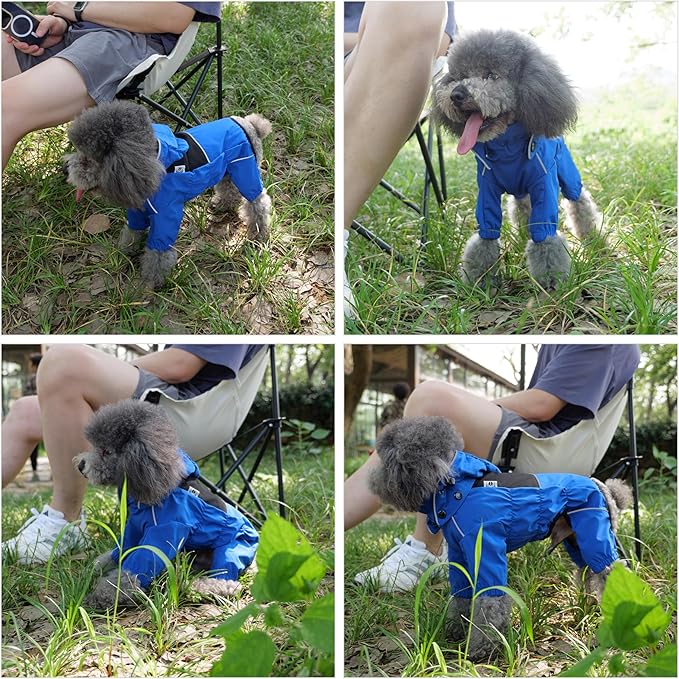 LOVELONGLONG Waterproof Dog Raincoat with Removable Hood – Outdoor Full Body Dog Jacket, Windproof Snowproof Shell Suit – All Season Pet Rain Gear Blue XL