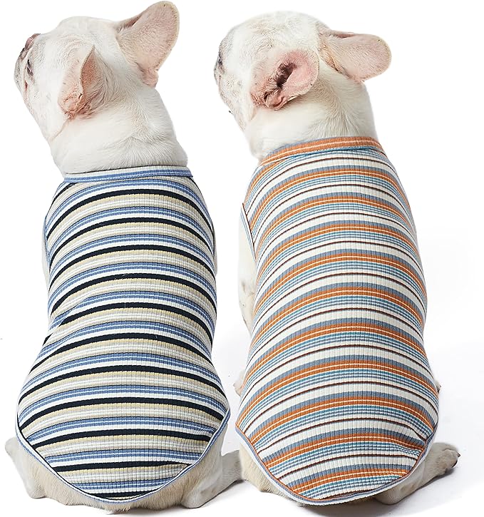 Dog Shirts Vest Cotton Striped T-Shirt, Sleeveless Stretchy Pet Clothes for Small Dogs, 2-Pack Soft Breathable Puppy Tank Top Cat Tee (Small, Blue,Yellow)