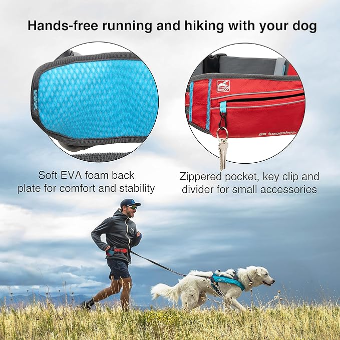Kurgo On Trail Running Belt - Hands Free Running Belt for Dogs - Adjustable Dog Running Belt - Reflective Jogging Gear - Quick Access Pouch - BPA Free Water Bottle - Red/Blue/Gray