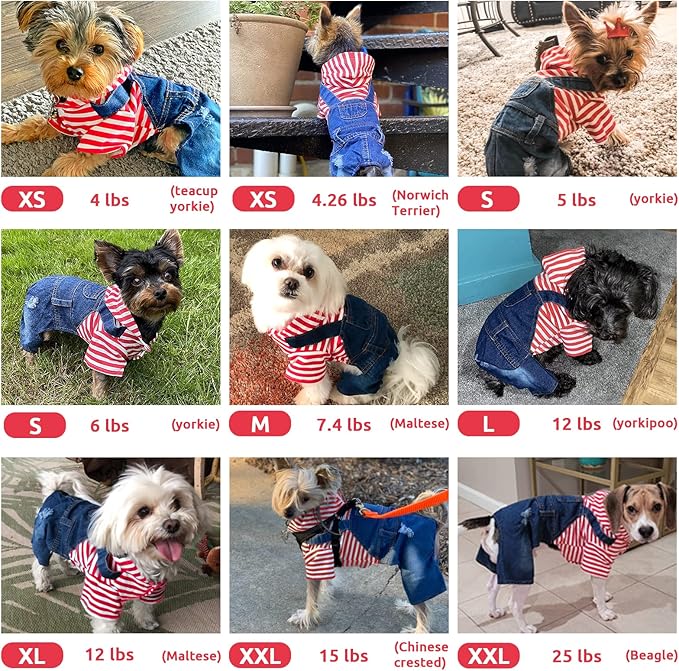 Small Dog Hoodie Clothes Cute Stripe Shirts Denim Jumpsuit One-Piece Outfit for Small Medium Dogs Cats Boy Girl Chihuahua Blue Jeans Overalls Puppy Costume (Red,XL)
