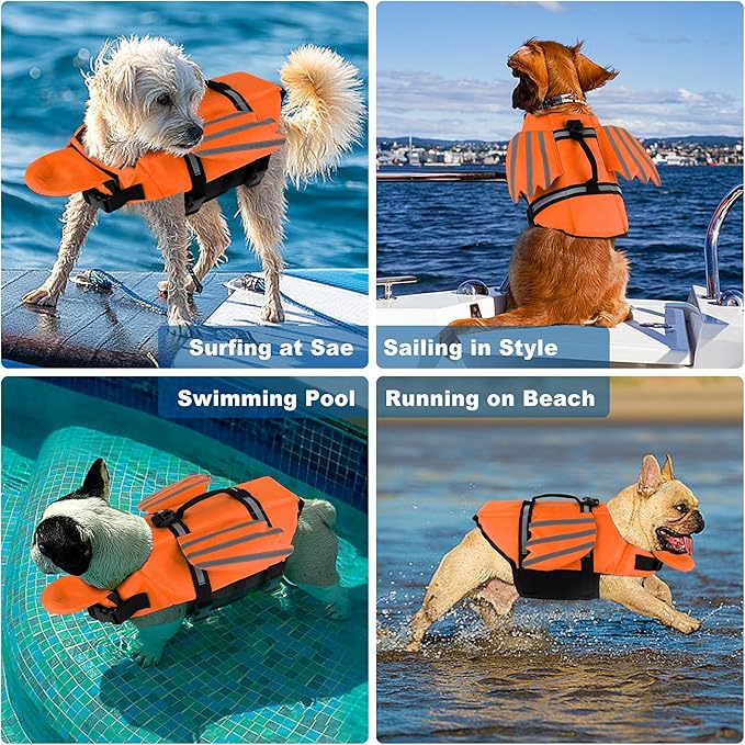 Dog Life Jacket, Cute Wings Adjustable Dog Life Vest with Chin Float and Handle for Swimming Boating Reflective High Buoyancy Swim Float Vest for Small Medium Large Dogs (Orange, M)