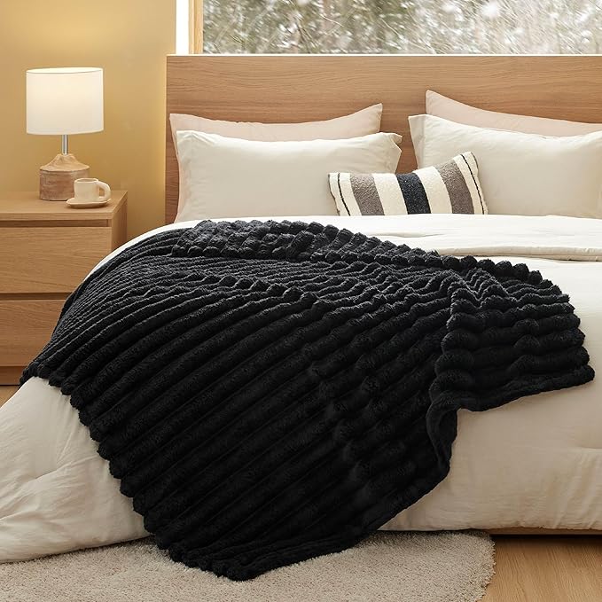 Bedsure Twin Blanket for Couch - 350GSM Super GentleSoft Fuzzy Fluffy Cozy Blankets for Women, Cute Small Plush Fleece Throws for Girls, Black，60x80 Inches, Wider Striped Design