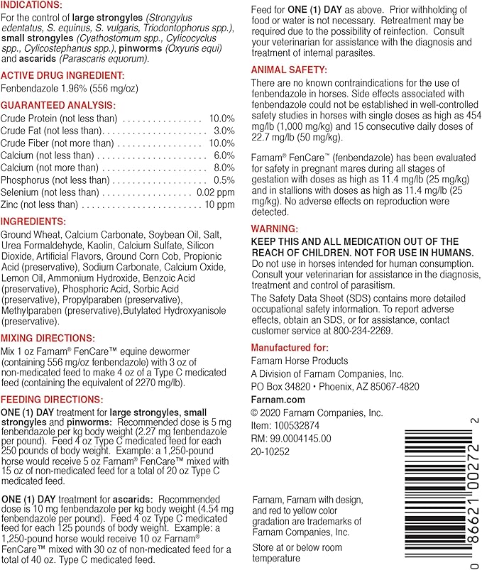Farnam FenCare Safe-Guard (fenbendazole) 1.96% Type B Medicated Feed Equine Dewormer 5 Ounces