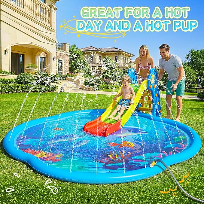 Splash Pad Sprinkler for Kids & Dog, 75" Round Sea World Splash Pad for Toddler 4-8, Thicken Outdoor Water Toy Play Mat for Children, Backyard Inflatable Sprinkler Shallow Pool Fountain Pad