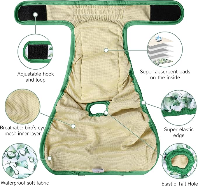 Washable Female Dog Diapers (4 Pack+1 Suspenders), Reusable Female Girl Doggy Doggie Puppy Wraps Panties Belly Band for Pet Heat Period Pooping Peeing Potty Training Incontinence Marking Leaf Medium