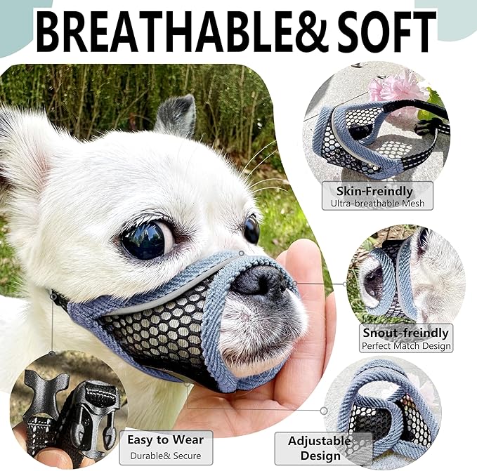 Dog Muzzle, Soft Mesh Muzzles for Small Medium Dogs for Barking Biting Grooming Vet Visits, Short Snout Puppy Mask Allows Drinking, Breathable Mouth Cover 10-20 lbs (Silver-Blue, S)
