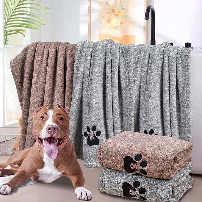 Dog Towel - Pack of 2 - Super Absorbent Soft Microfiber Pet Bath Grooming Towels for Drying Dogs and Other Pets (M-36" * 28", Grey and Brown)