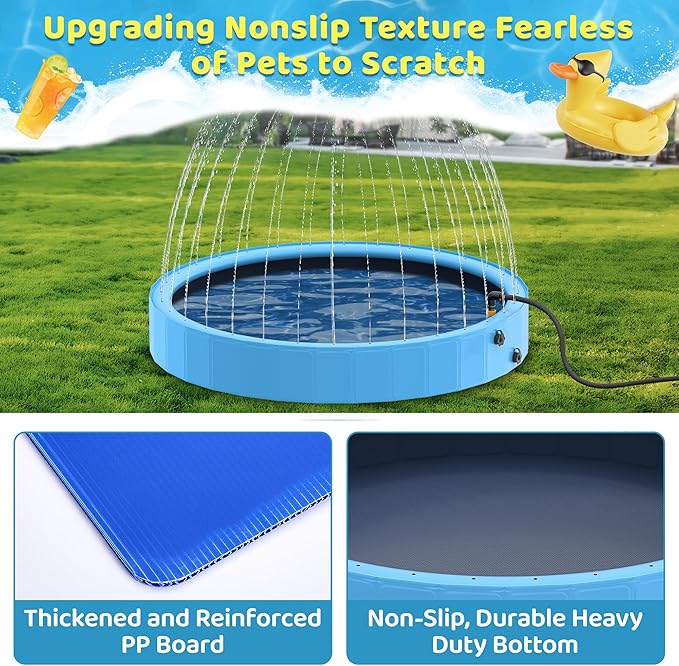 Raxurt Dog Pool with Sprinkler, 79'' Foldable Dog Pools for Large Dogs, 2-in-1 Sprinkler Pool Heavy Duty, PVC Non Slip Pet Bathing Tub for Outdoor Backyard, Blue