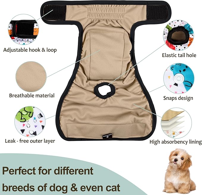 Washable Female Dog Diapers - Premium Reusable Diapers for Doggie in Heat - Highly Absorbent Dog Diapers Female for Pet Incontinence with Adjustable Snaps(Animals, S)