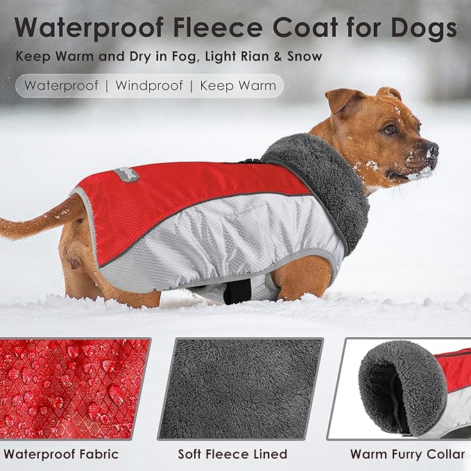 Dog Coat, Waterproof Ripstop Dog Winter Jacket with Leash Hole, Reflective Adjustable Warm Pet Fleece Snow Sweater for Small Medium Large Dogs - Red, XL