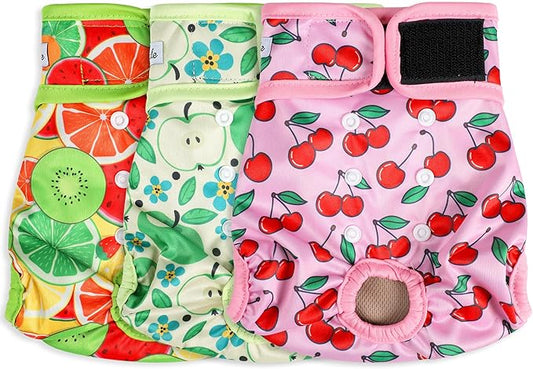 Female Dog Diapers - Premium Reusable Diapers for Dogs in Heat - Highly Absorbent, Leak-free, Adjustable Snaps, Fruits, XL