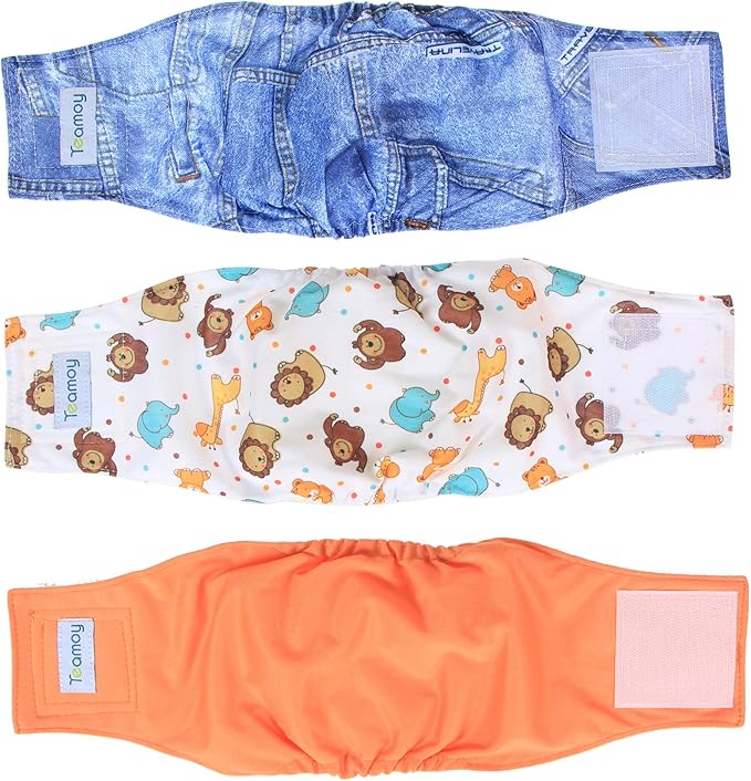 Teamoy Reusable Wrap Diapers for Male Dogs, Washable Puppy Belly Band Pack of 3 (S, 10"-13" Waist, Orange+ Denim+ Fat Smile)