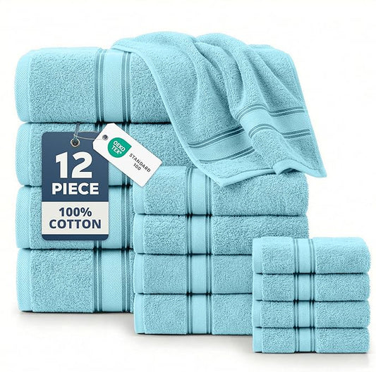 LANE LINEN Luxury Towel Set for Bathroom – 12-Pack 100% Cotton Towels, Zero Twist, Includes 4 Bath, 4 Hand & 4 Washcloth, Suitable for All Body Types, Soft & Quick Dry, Ideal for Airbnb & Spa - Blue