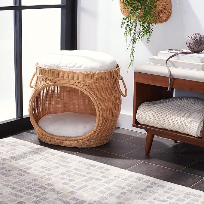 SAFAVIEH Home Collection Faati Honey Brown Rattan Pet Cat Bed with White Cushion, Ideal for Living Room, Bedroom, Entryway (Fully Assembled)