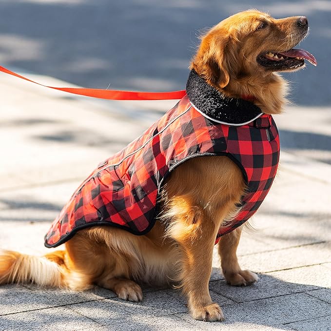 Dog Winter Coat - Warm Dog Clothes for Rain Snow Wind Cold Weather - Reflective Plaid Adjustable Windproof Pet Vest Jacket with Leash Hole for Small Medium Large Dogs Indoor Outdoor