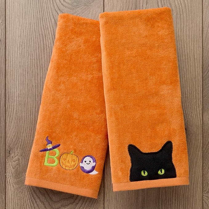 SKL Home Halloween Boo 100% Cotton Embroidered 2pc Hand Towel Set, Decorative for Bath/Kitchen/Bar & Gift, Orange