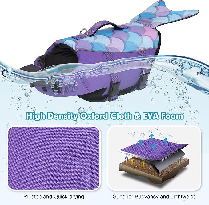 cyeollo Dog Life Jacket Reflective Mermaid Dog Life Vest for Swimming Boating, High Buoyancy Pet Life Preserver Lightweight Small Medium Large Dog Lifejackets with Front Float, Purple L