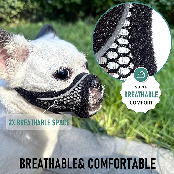 Dog Muzzle for Small Medium Dogs Breathable Adjustable, Chihuahua Shih Tzu Puppy, Soft Air Mesh Muzzle for Grooming Vet Visits, Prevent Biting Fierce Barking (Deep-Black, L)