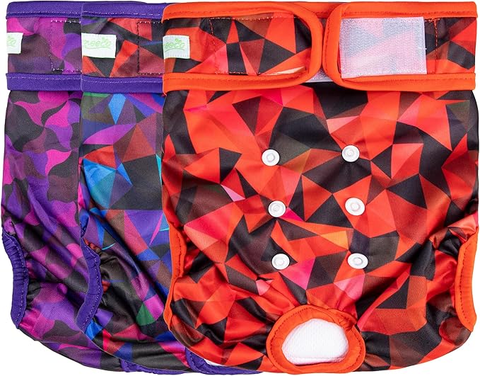 wegreeco Washable Female Dog Diapers Highly Absorbent Reusable Diapers for Dog in Heat Period, 3 Pack (Abstract Geometrical Purple, Large)
