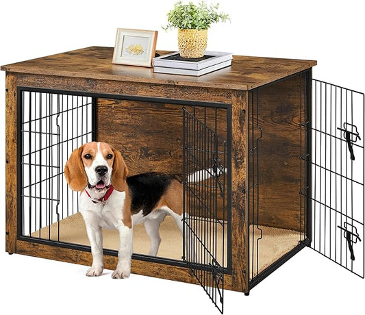 Yaheetech 38'' Dog Crate Furniture with Cushion Wooden Dog Crate with Double Doors/Adjustable Feet Side End Table for Medium/Large Dogs, 37.80" L x 25.59" W x 26.57" H