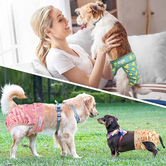 Langsprit Washable Female Dog Diapers - Doggie Reusable Diapers for Doggy Puppy Female in Period - Highly Absorbent Dog Heat Panties (Flamingo Duck) S