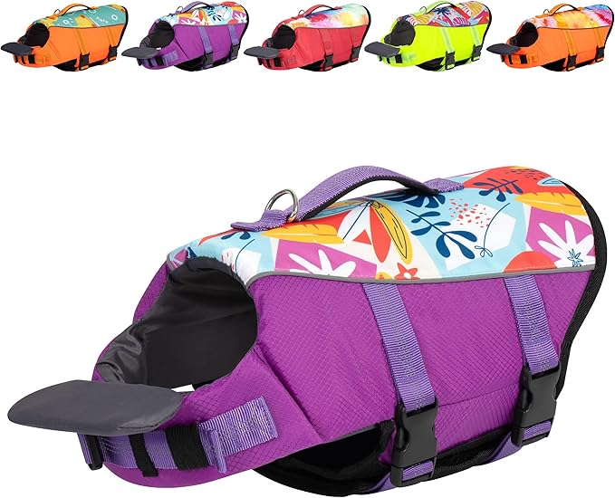 Cyeollo Life Vests for Boating - High Buoyancy Pet Safety Float Lifesaver Vest with Chin Float, Adjustable Dog Lifejackets for Medium Large Dogs, Purple XL