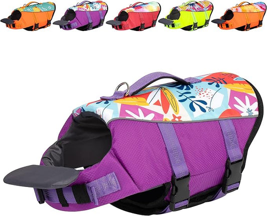 Cyeollo Life Vests for Boating - High Buoyancy Pet Safety Float Lifesaver Vest with Chin Float, Adjustable Dog Lifejackets for Medium Large Dogs, Purple XL