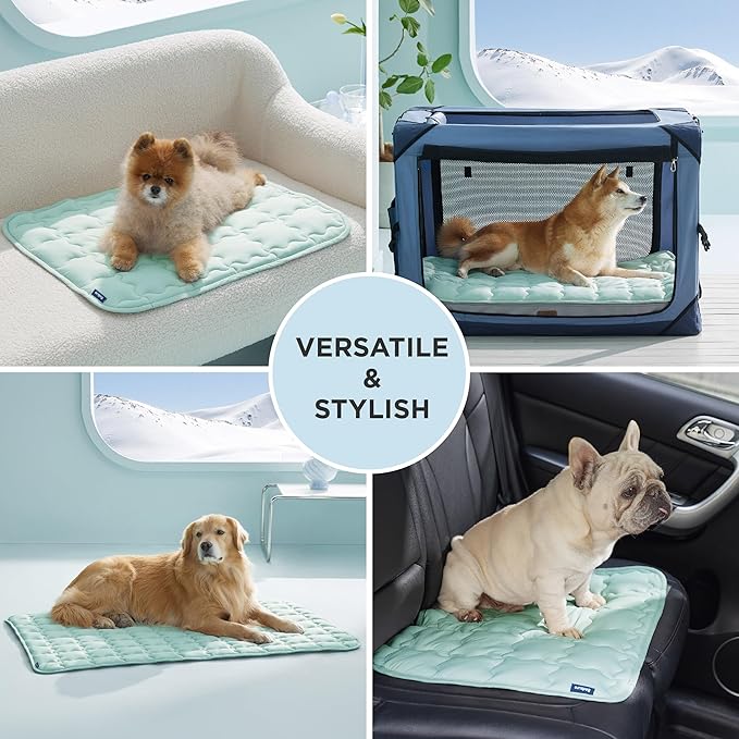 Bedsure Cooling Dog Mat Extra Large, Q-Max>0.5 XL Thin Breathable Cold Crate Pad for Pet, Portable Washable Kennel Bed for Summer Active Dog with Chill Soothing Fabric to Rapid Cooling,41x28, Green