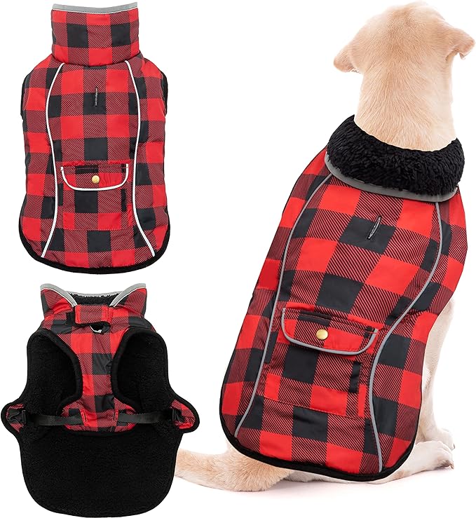 Dog Winter Coat - Warm Dog Clothes for Rain Snow Wind Cold Weather - Reflective Plaid Adjustable Windproof Pet Vest Jacket with Leash Hole for Small Medium Large Dogs Indoor Outdoor