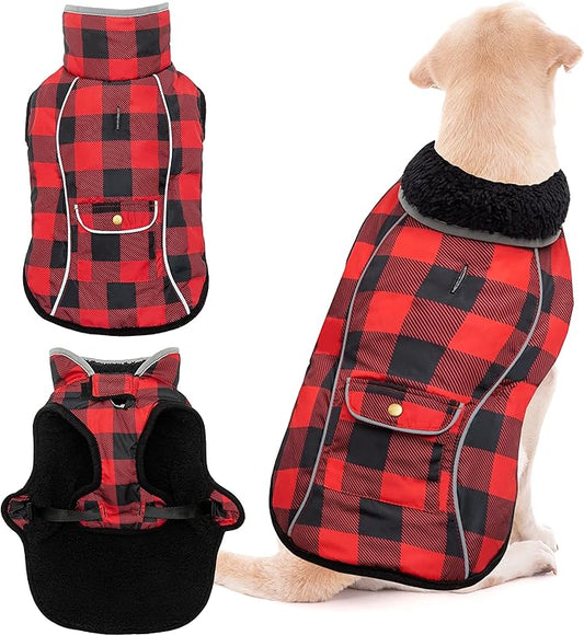 Dog Winter Coat - Warm Dog Clothes for Rain Snow Wind Cold Weather - Reflective Plaid Adjustable Windproof Pet Vest Jacket with Leash Hole for Small Medium Large Dogs Indoor Outdoor