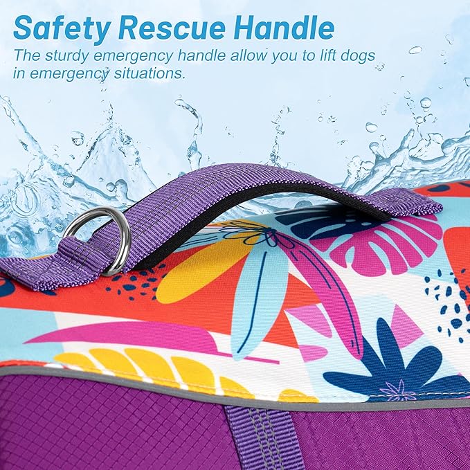 cyeollo Dog Life Jacket Printed Dog Life Vest for Swimming Boating, Adjustable Pet Safety Vest with Rescue Handle Reflective Lifejackets with Front Float for Small Medium Large Dogs, Purple L