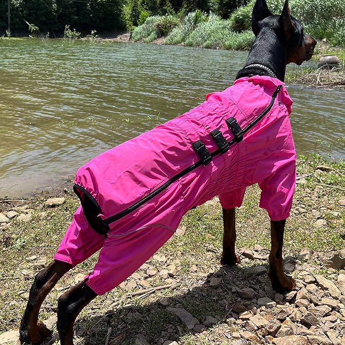 Lovelonglong Waterproof Dog Raincoat – 4-Leg Full Body Dog Rain Suit with Reflective Strips & Leash Opening, Outdoor Dog Jacket for Rainy Weather