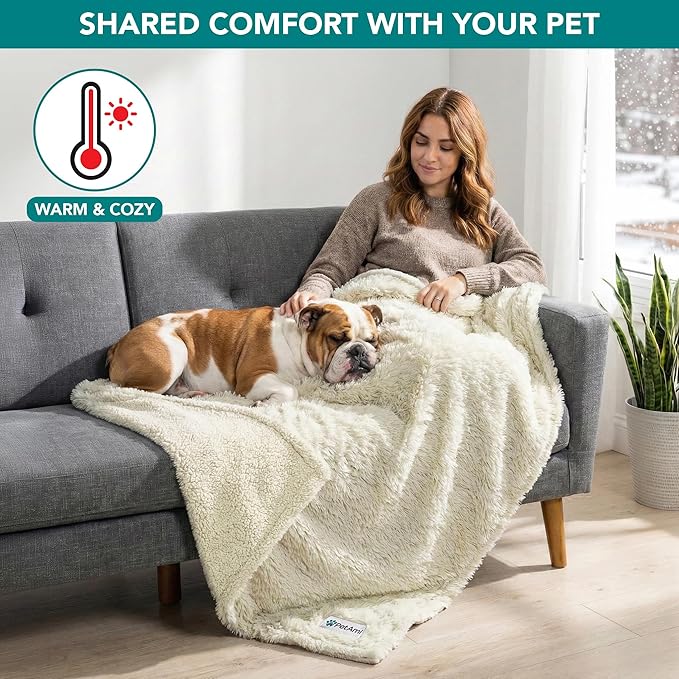 PetAmi Waterproof Dog Blanket for Small Medium Dogs, Calming Fleece Cat Blanket, Couch Protector Washable Sherpa Faux Fur Pet Throw for Puppy, Soft Reversible 29x40 Cream Beige
