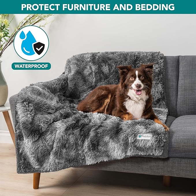 PetAmi Waterproof Dog Blanket for Large Dog, Calming Pet Blanket Bed Couch Cover Protector, Washable Sherpa Faux Fur Throw for Sofa Furniture Protection, Soft Fluffy 60x80 Tie-Dye Gray