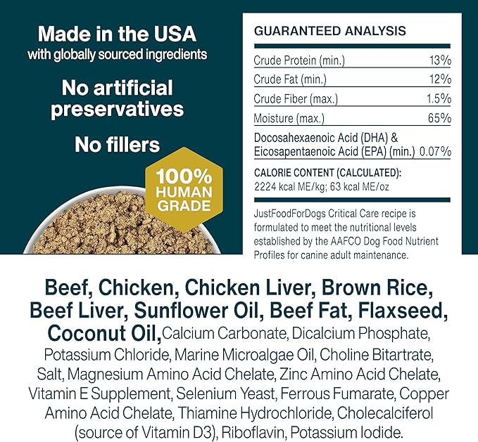 Just Food For Dogs Vet RX Frozen Fresh Prescription Dog Food, Human Grade, Vet Recommended Fresh Pet Meal or Toppers, Limited Ingredient, Prescription Diet, Critical Care Support 18 oz - 7 Pack
