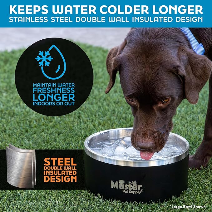 Master Pet Supply Stainless Steel Dog Bowls - 128 oz, Heavy Duty - Graphite, Double Wall Extra-Thick Insulated, Non-Slip Pet Water Bowl for Dogs, Cats & Pets, Anti Rust Metal, Dish Washer Safe