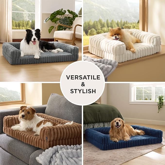 Bedsure ComfyFleece™ Orthopedic Dog Beds Large Sized Dog, Waterproof Memory Foam Pet Bed with Sides, Non-Slip Bottom and Egg-Crate Foam Large Pet Couch Sofa with Washable Corduroy Cover, Cream